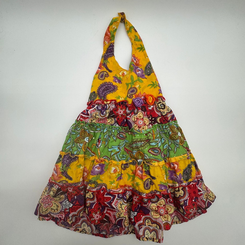 Blueberi Boulevard Girls Patchwork Halter Dress Size 4 Yellow Floral Paisley